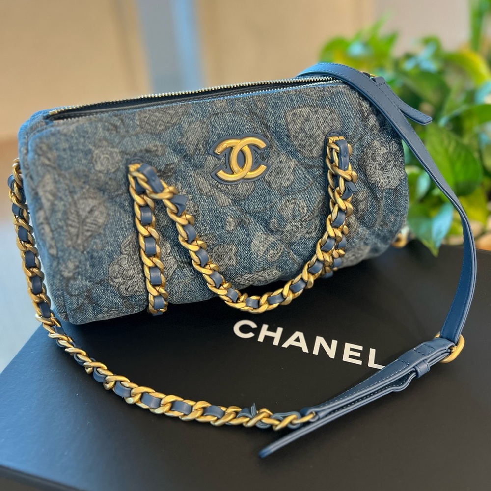 Chanel Denim Printed Destination Chenonceau Bowling Bag